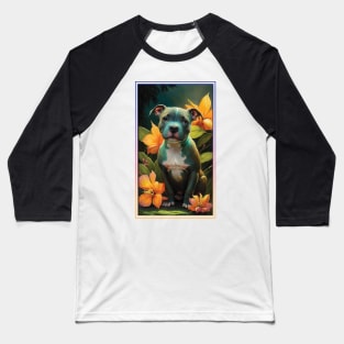 American Staffordshire Terrier Pitbull Vibrant Tropical Flower Tall Digital Oil Painting Portrait  2 Baseball T-Shirt